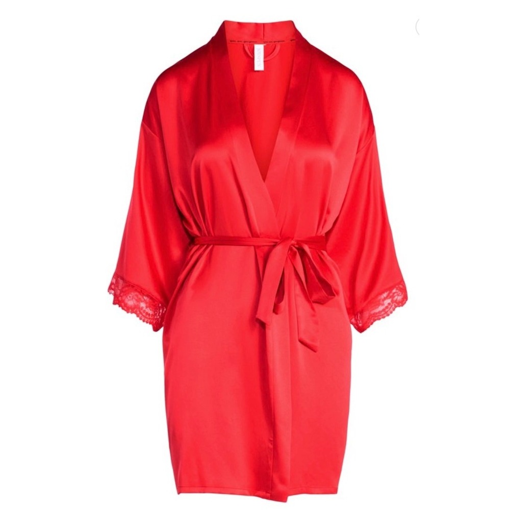 Joyspun Women Power Red Satin Robe Lace Trim Short Wrap Size 3X 22W-24W NEW